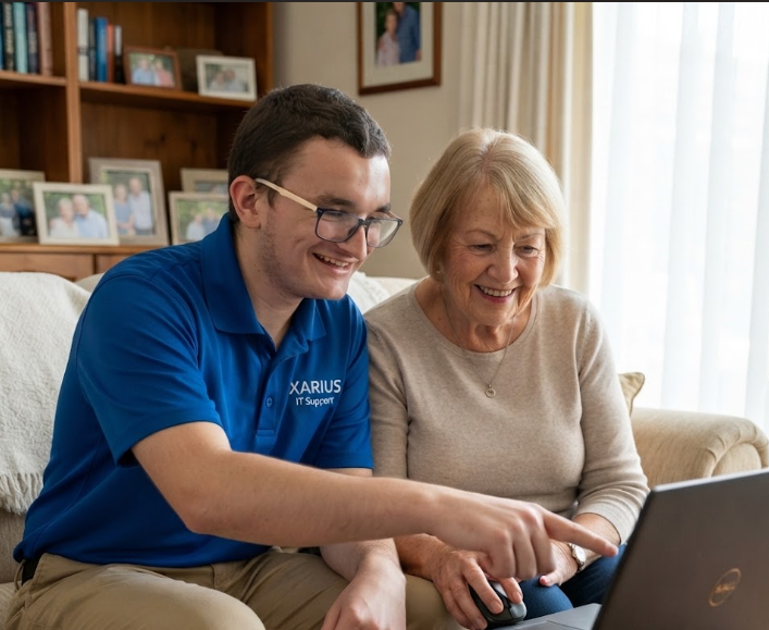 Xarius IT Support technician helping a customer with her laptop at home